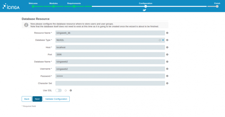 Настройки базы данных Icinga Web 2