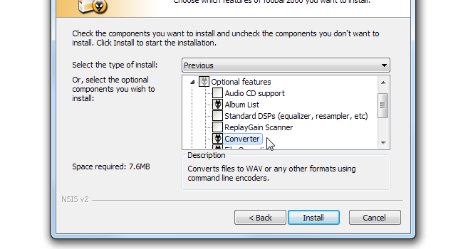 Окно установки Foobar2000: выбор компонента Converter