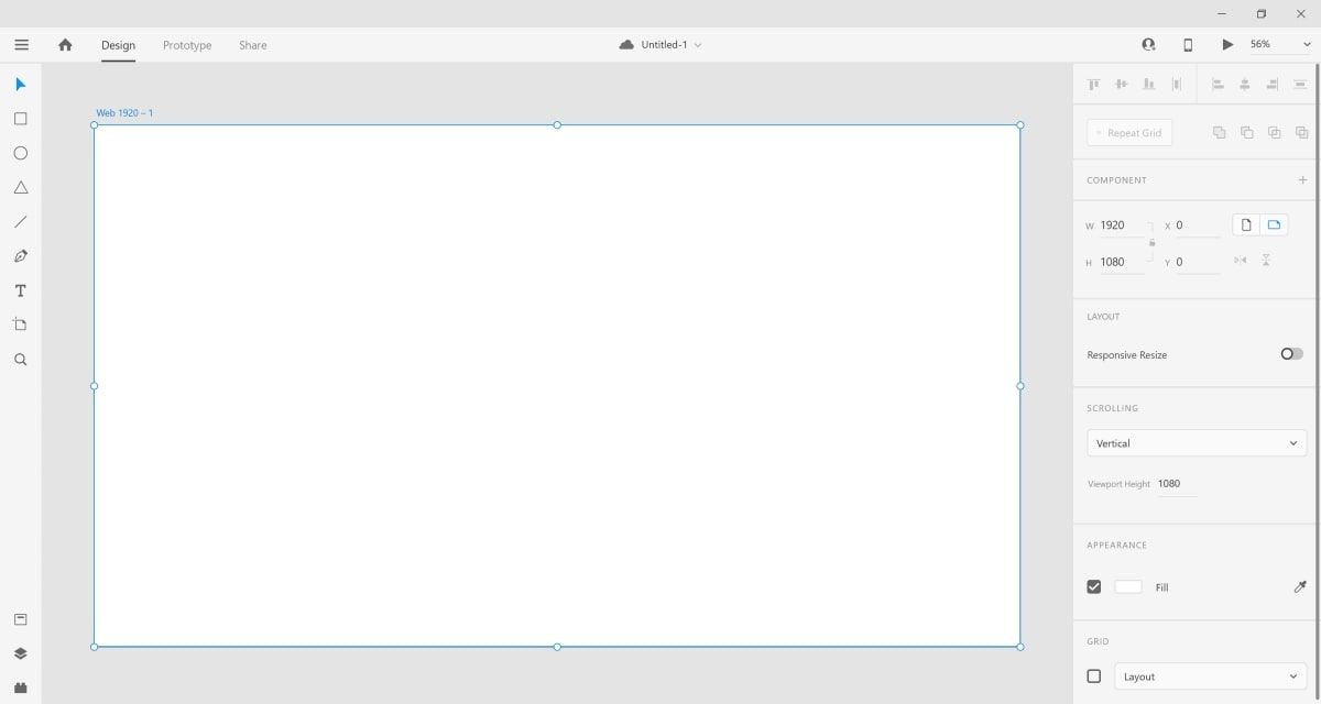 Пустой холст нового проекта в Adobe XD
