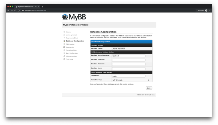 Настройка базы данных MyBB