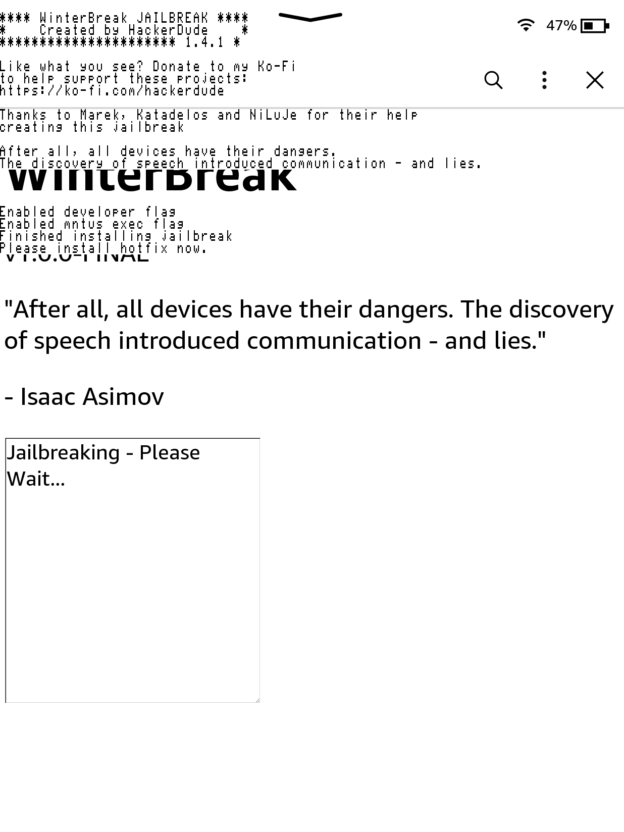 Экран Kindle с иконкой WinterBreak.