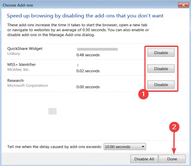 Список надстроек Internet Explorer с опцией отключения