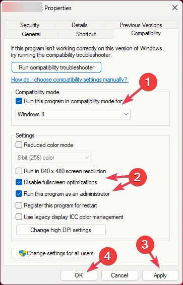 Параметры совместимости и запуск от администратора