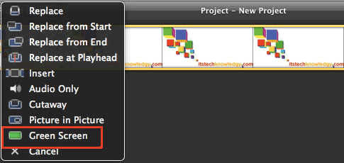 Меню вставки зелёного экрана в iMovie