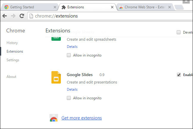 Интерфейс расширений Chrome и ссылка на Интернет-магазин