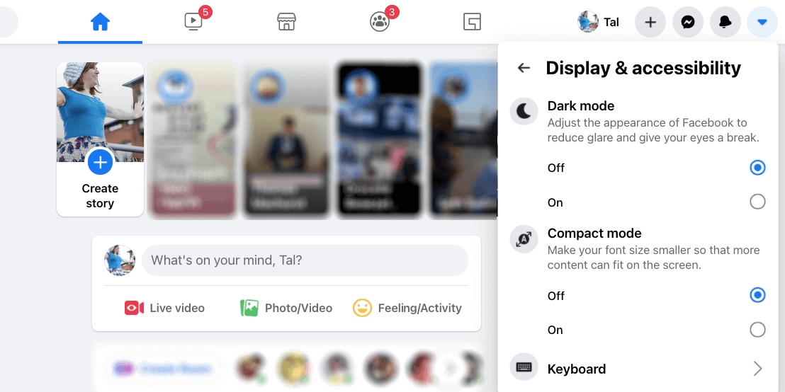 Настройки отображения Facebook в веб‑интерфейсе с переключателем тёмного режима