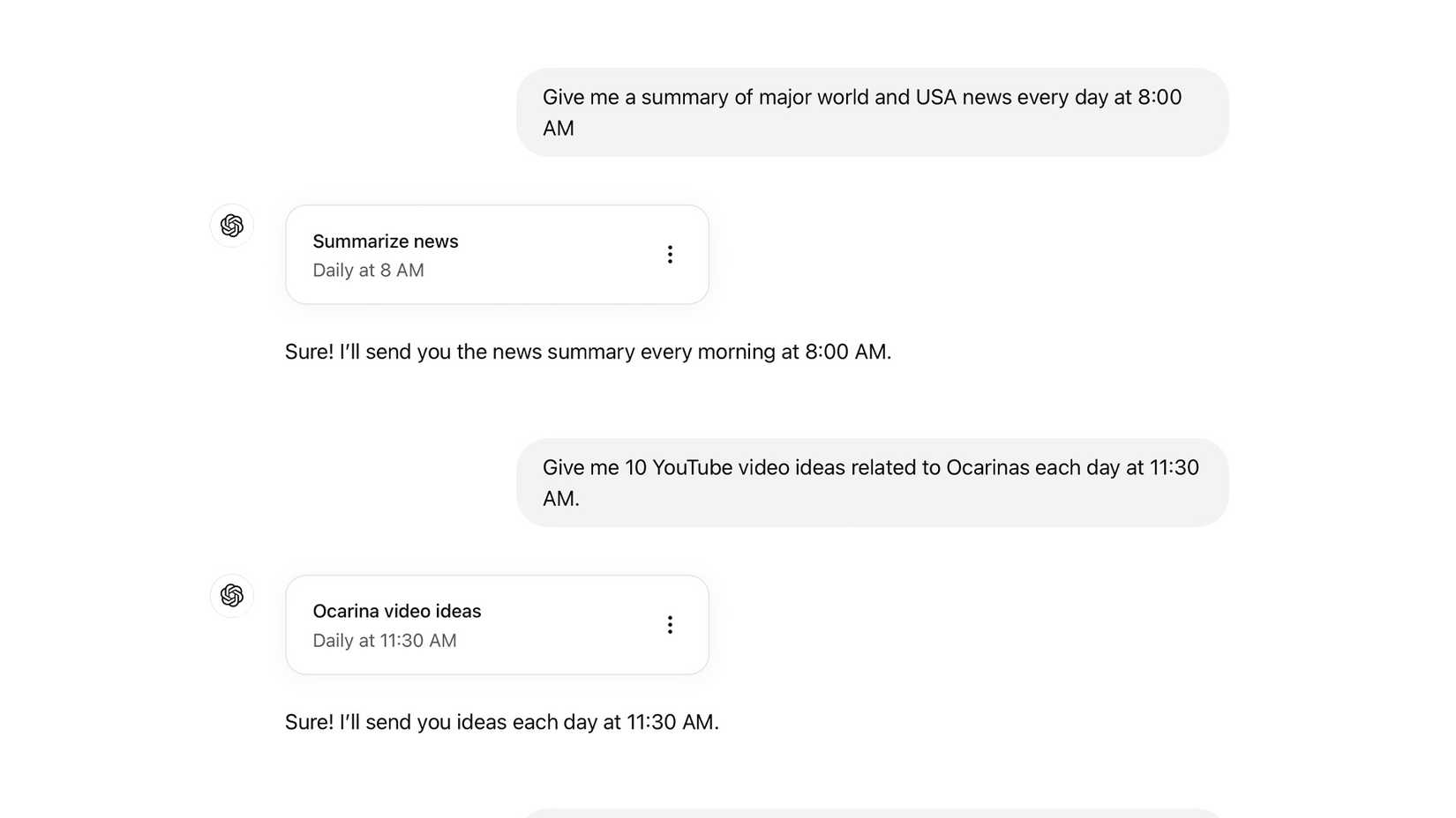 Пример быстрого создания запланированных задач ChatGPT
