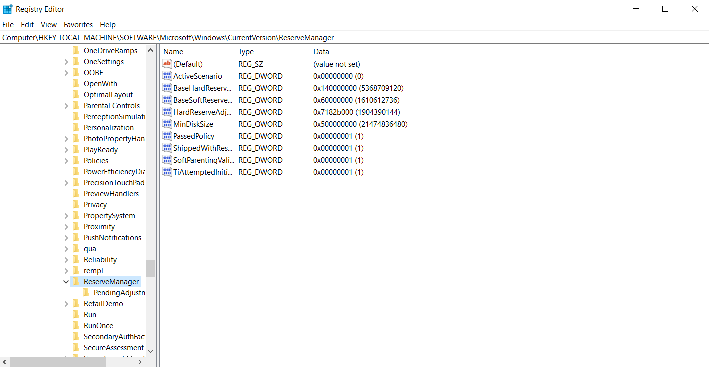 Скриншот: ключ ReserveManager в редакторе реестра