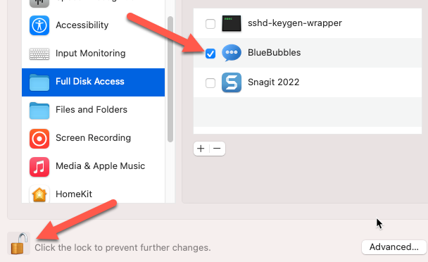 Включите BlueBubbles в Full Disk Access и перезапустите