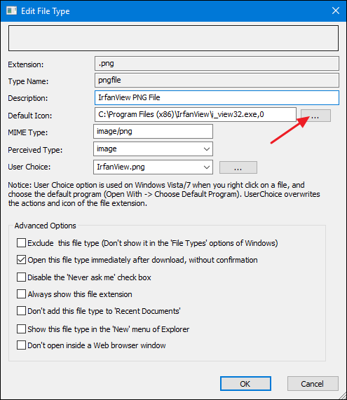 Диалог смены значка с кнопкой Обзор