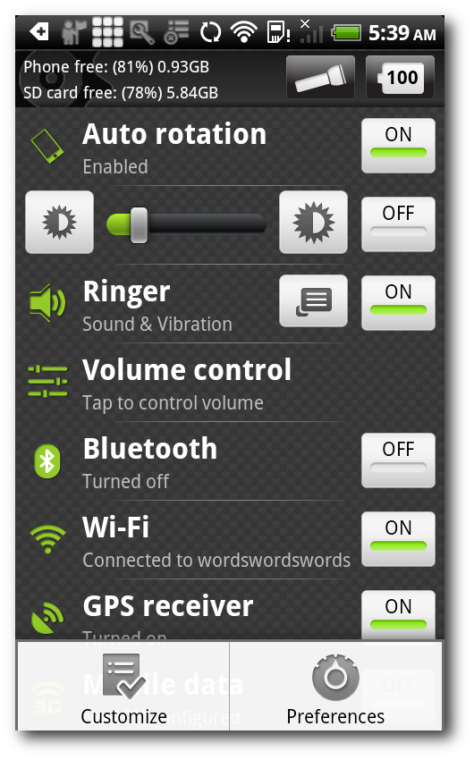 Экран настройки Quick Settings