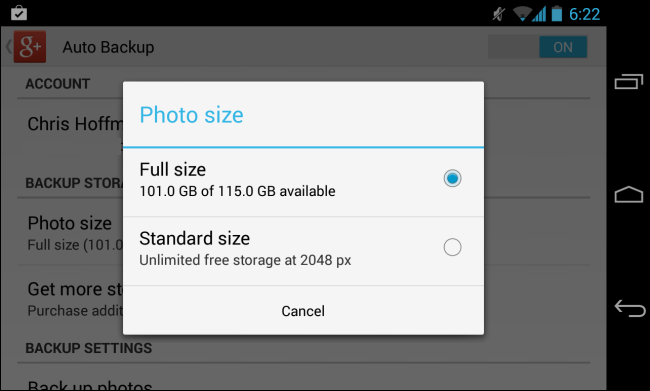Выбор размера автозагрузки фото в приложении Google+