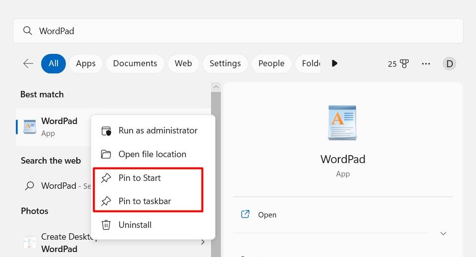 Закрепление WordPad на панели задач