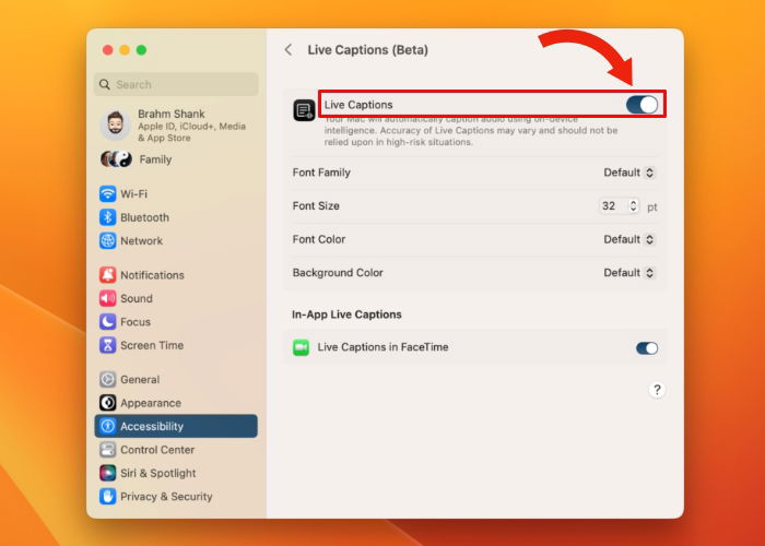 Включение Live Captions на Mac