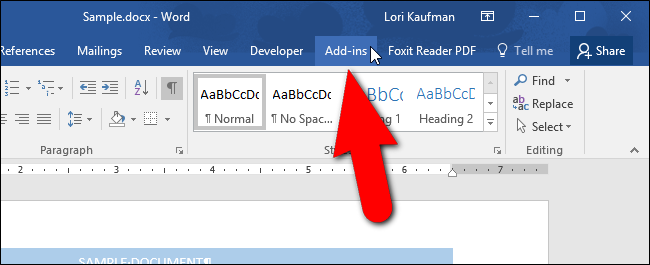 Вкладка Надстройки, добавленная в ленту Word