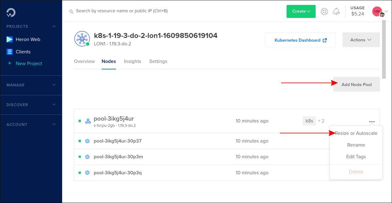 Скриншот просмотра узлов в Kubernetes кластере DigitalOcean