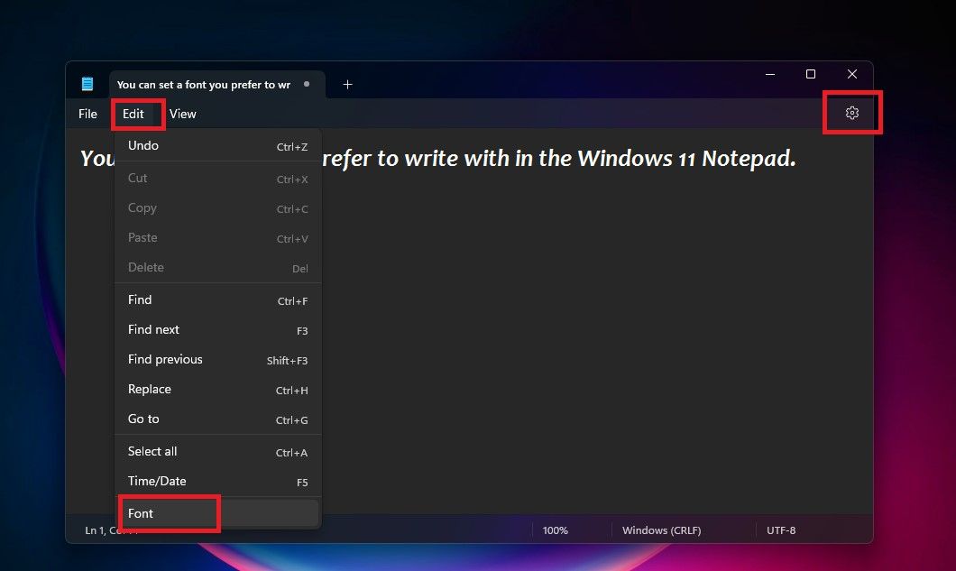 Меню Редактирования и значок Настроек для выбора шрифта