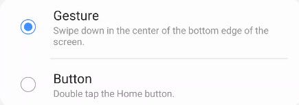 Выбор способа включения режима одной рукой на Samsung, экран с опциями жест или кнопка.
