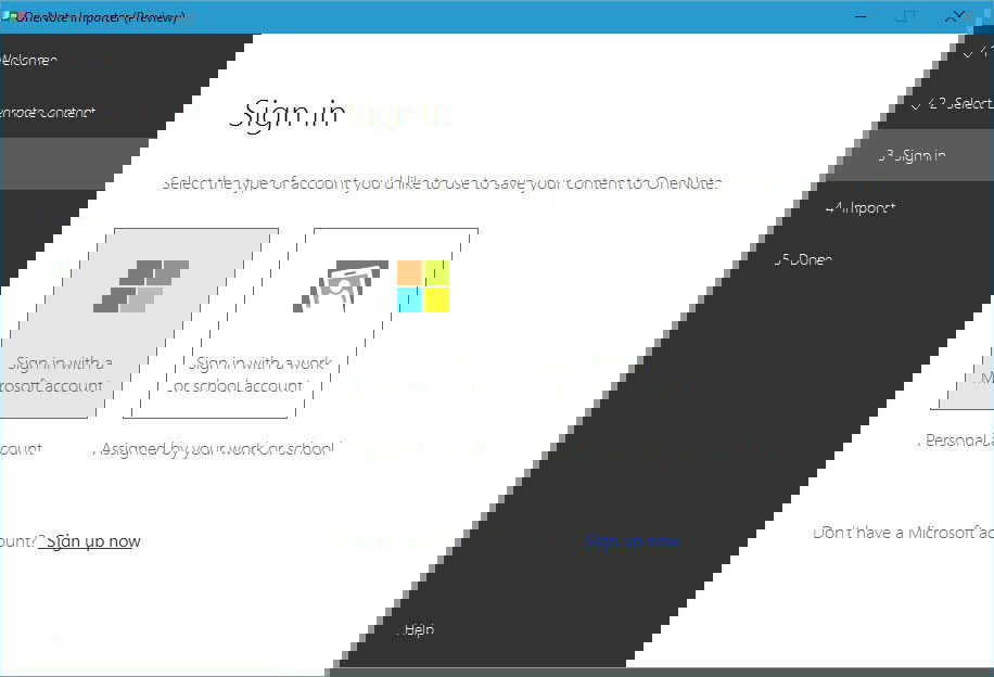 Окно входа в учётную запись Microsoft для OneNote Importer