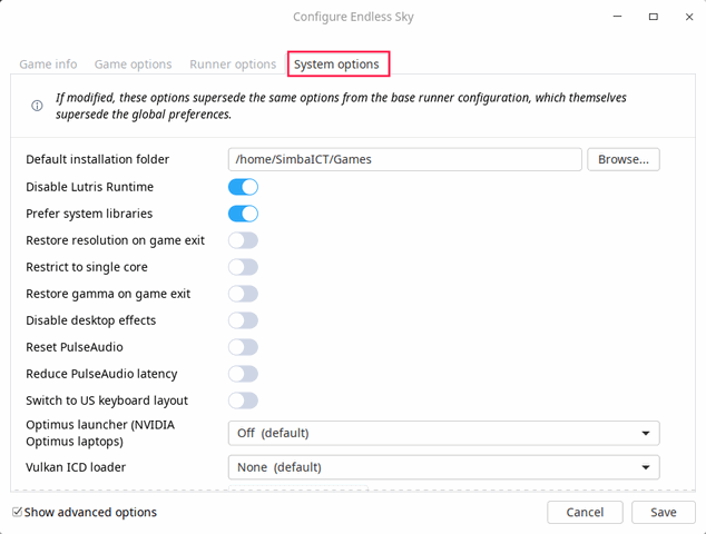 Параметры Lutris — префикс команды