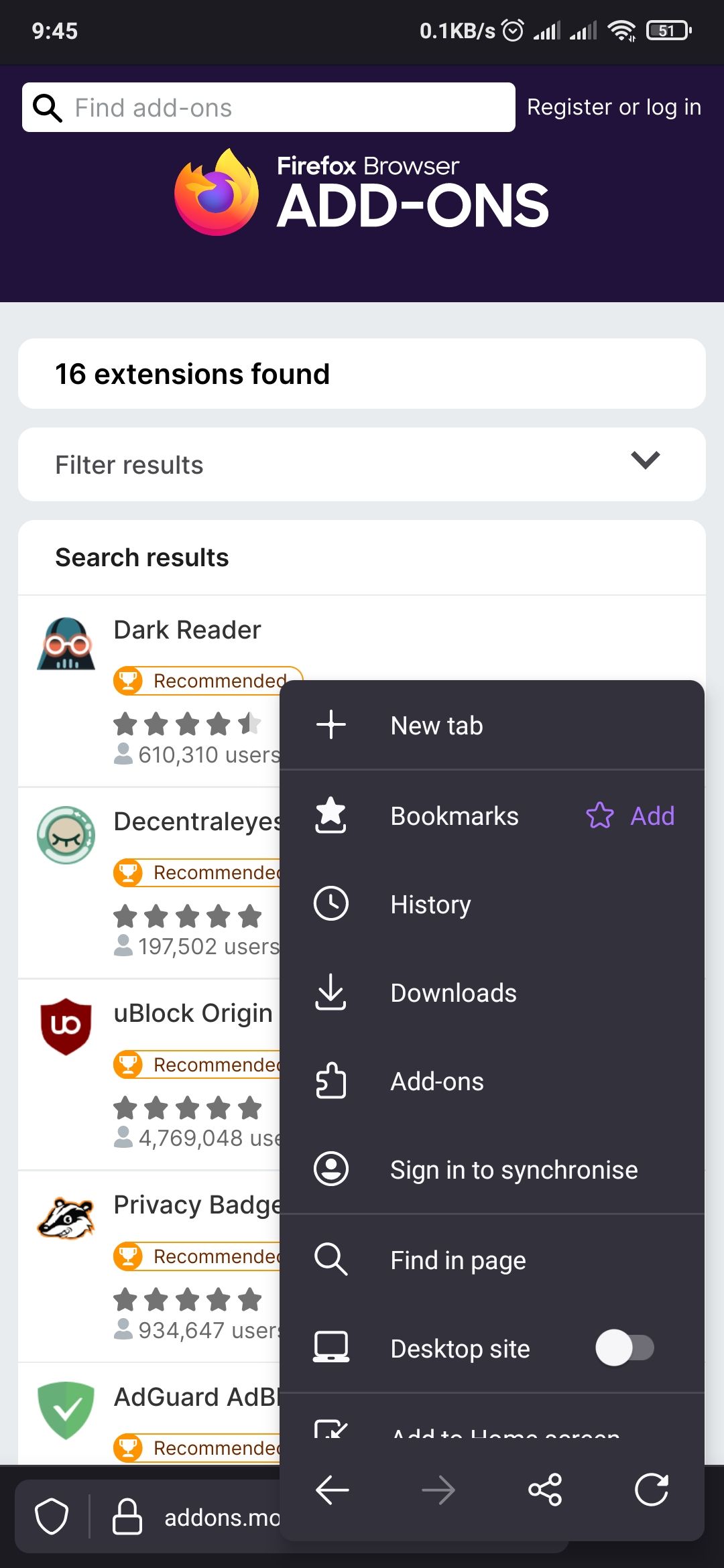 Меню Firefox на Android с пунктом Add-ons выделенным