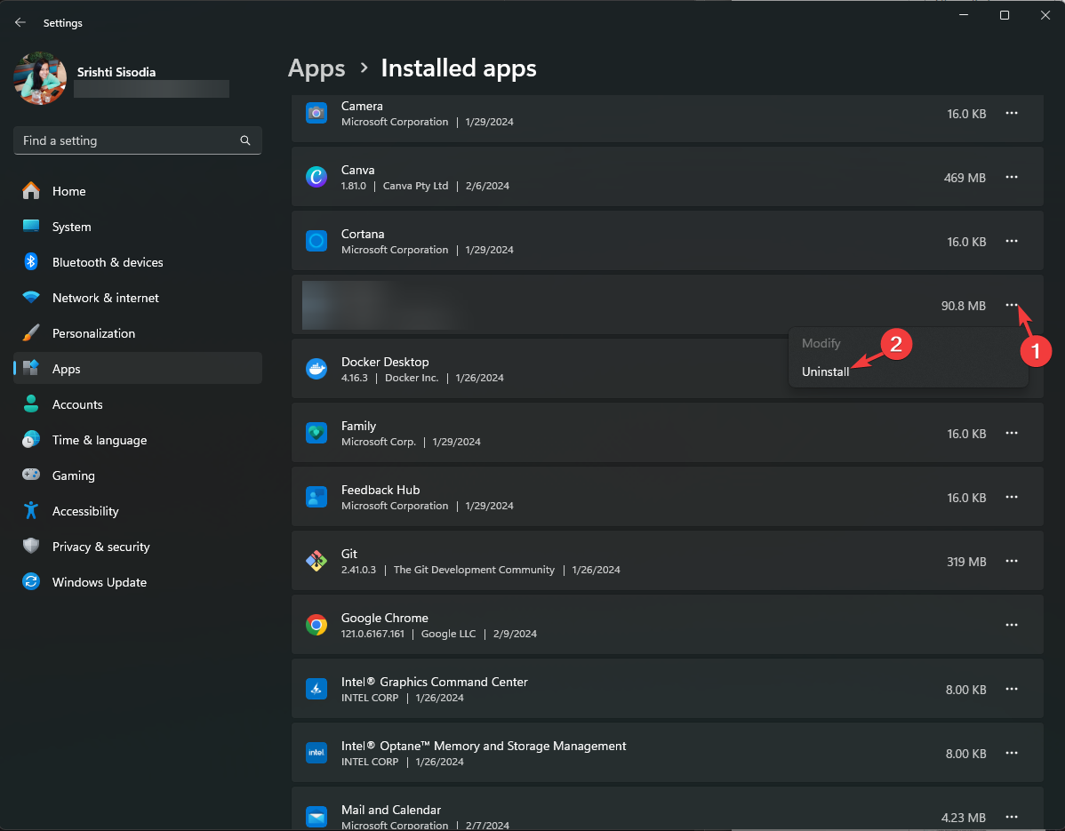 Кнопка удаления приложения в Windows