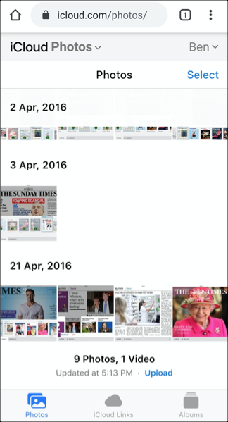 Раздел «Фото» iCloud в браузере Android