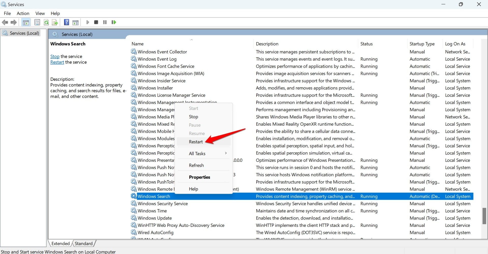 Перезапуск службы Windows Search