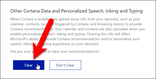 Подтверждение очистки данных Cortana в Bing