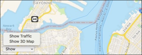 Опции трафика и 3D в левом нижнем углу приложения Maps на macOS