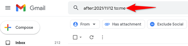 Скриншот поиска писем, полученных после конкретной даты