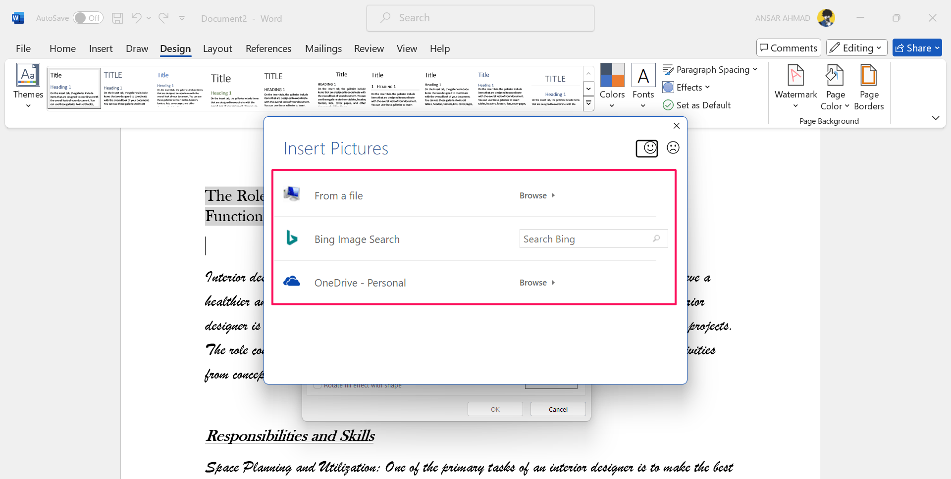 Вставка картинки из файла, Bing или OneDrive