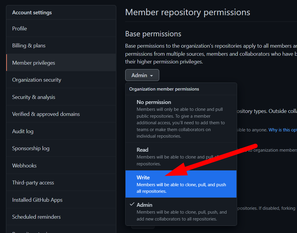 Скриншот настроек базовых прав организации
