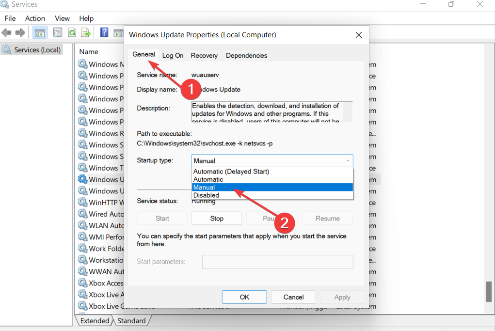 Параметр типа запуска службы, установленный в «Вручную»