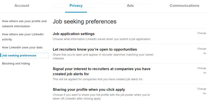 Параметры предпочтений при поиске работы в LinkedIn