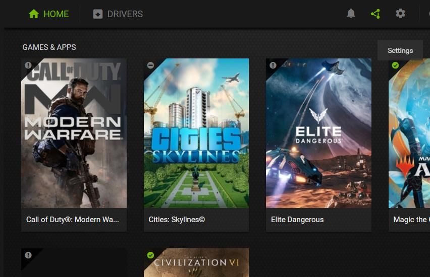 Кнопка «Настройки» в GeForce Experience