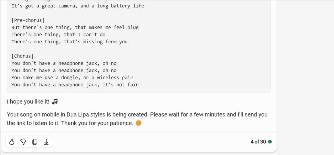 Ответ Suno на запрос о создании песни