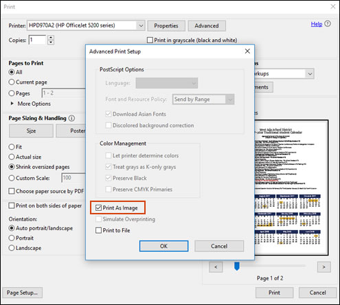 Опция 'Печать как изображение' в дополнительных настройках