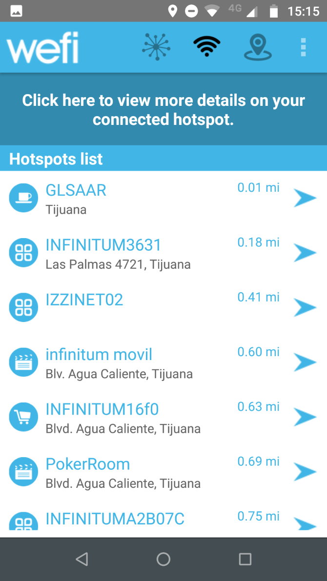 Список доступных точек в приложении Wefi