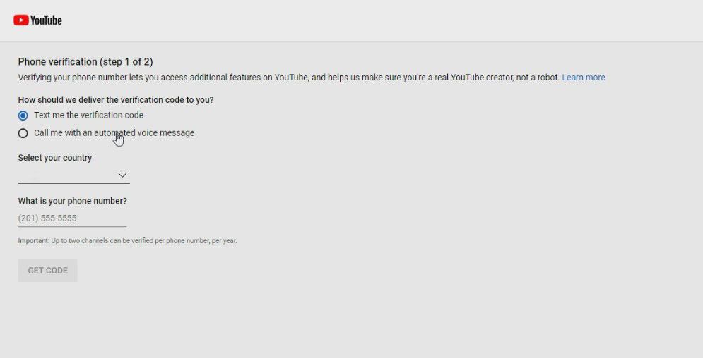 верификация аккаунта YouTube: выбор страны и метода подтверждения