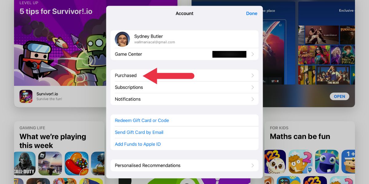 Меню «Purchased» в App Store