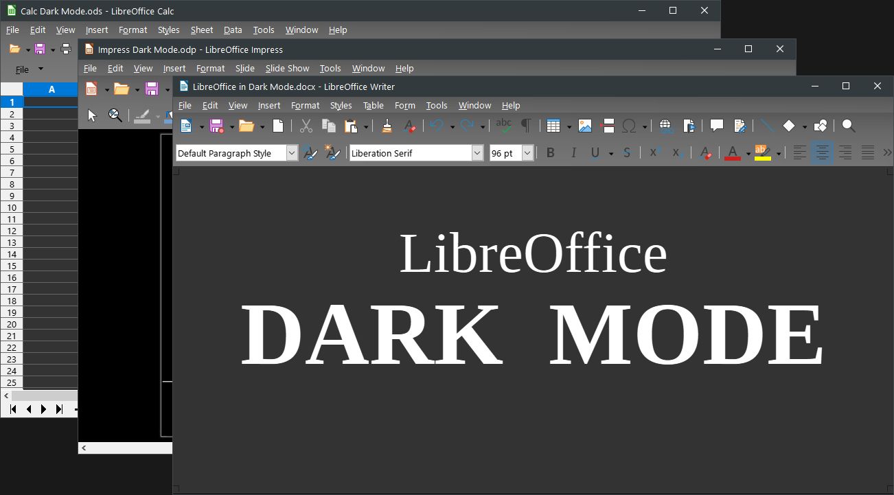 Скриншоты элементов интерфейса LibreOffice в тёмном оформлении