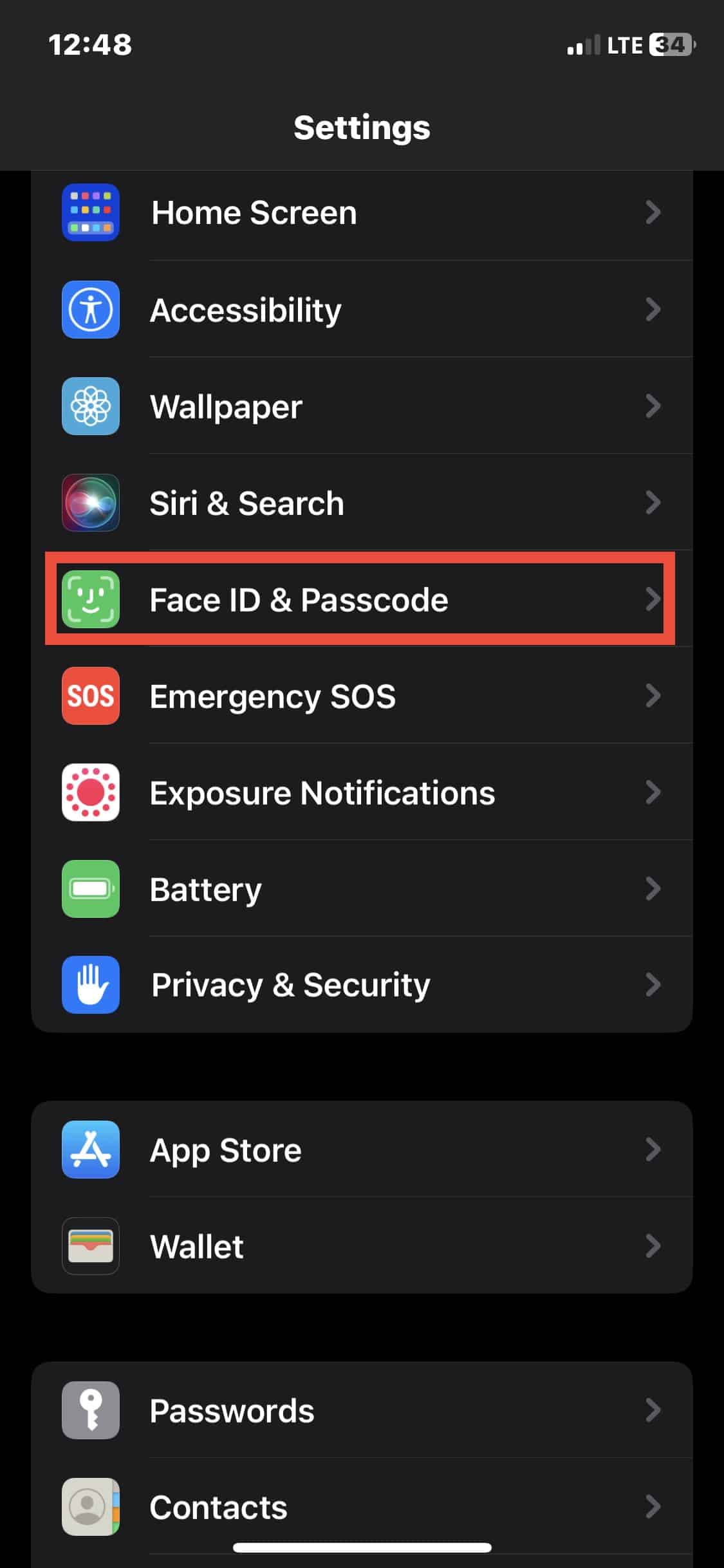 Пункт меню Face ID и код-пароль в Настройках