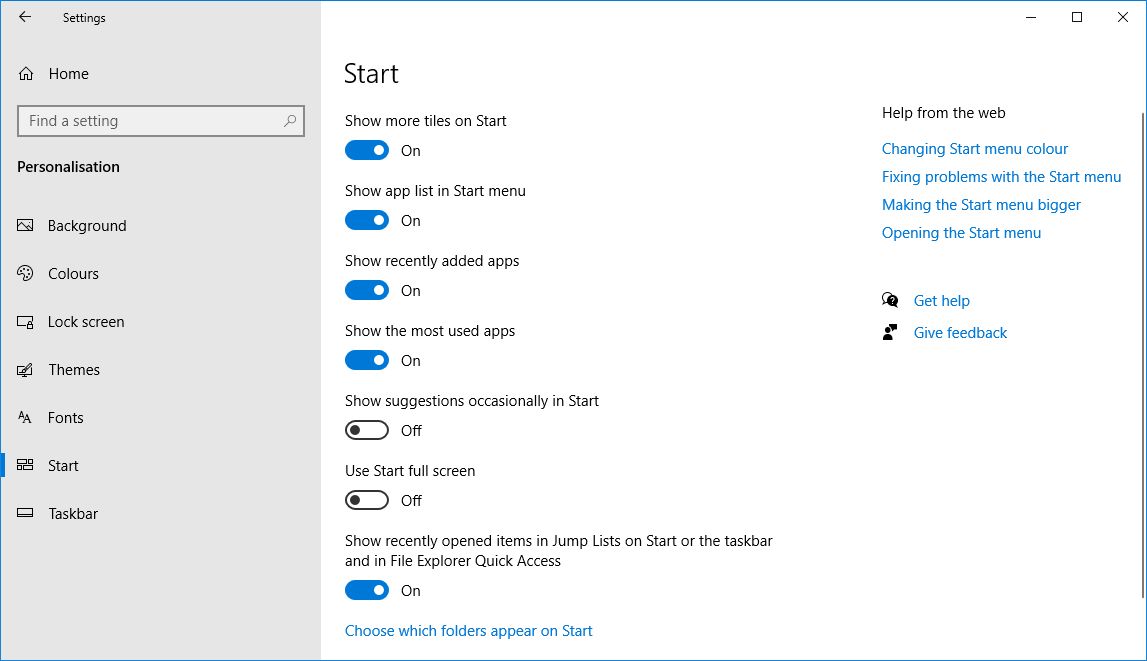 Настройки меню Пуск в Windows 10