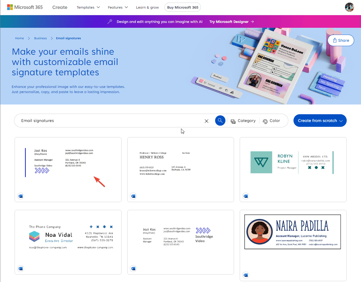Галерея шаблонов подписи с несколькими вариантами макетов
