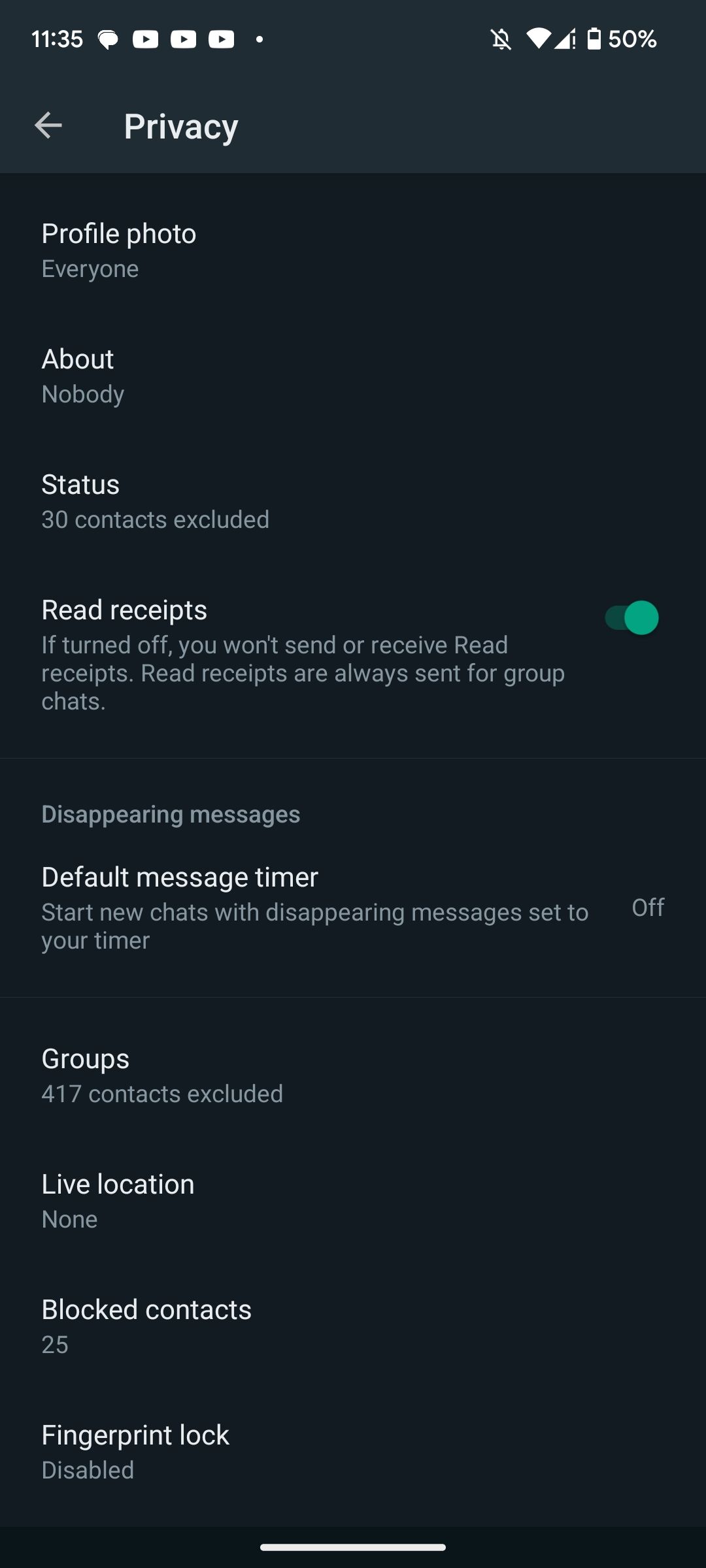 Страница конфиденциальности WhatsApp на Android