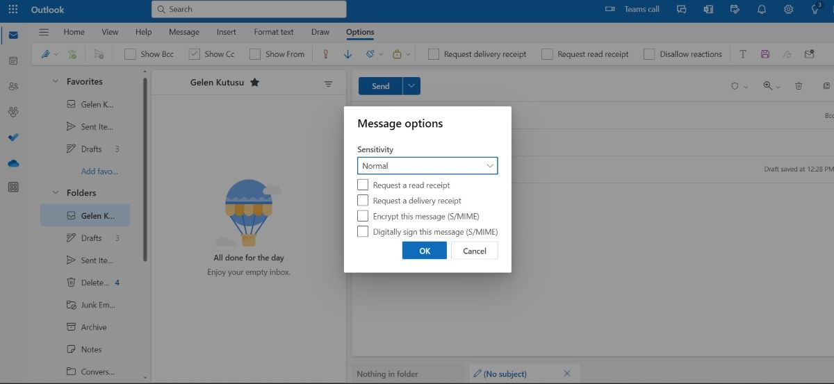 Расположение кнопки шифрования в веб‑версии Outlook