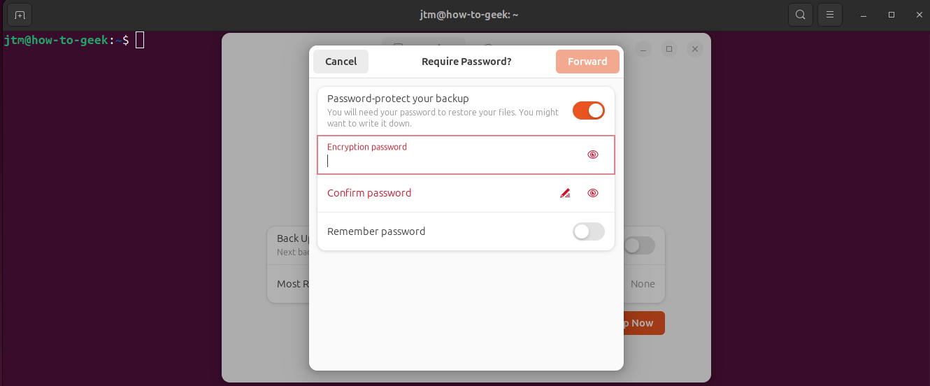 Диалог шифрования резервной копии в Deja Dup — ввод пароля