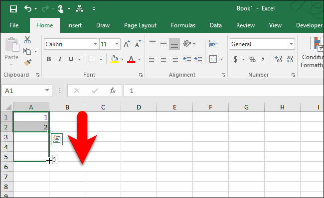 Заполнение ряда после ввода двух первых чисел — Excel определяет шаг