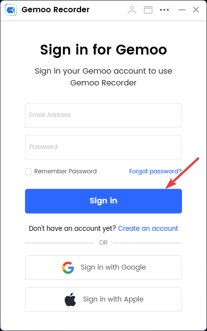 Окно регистрации и входа в Gemoo Recorder